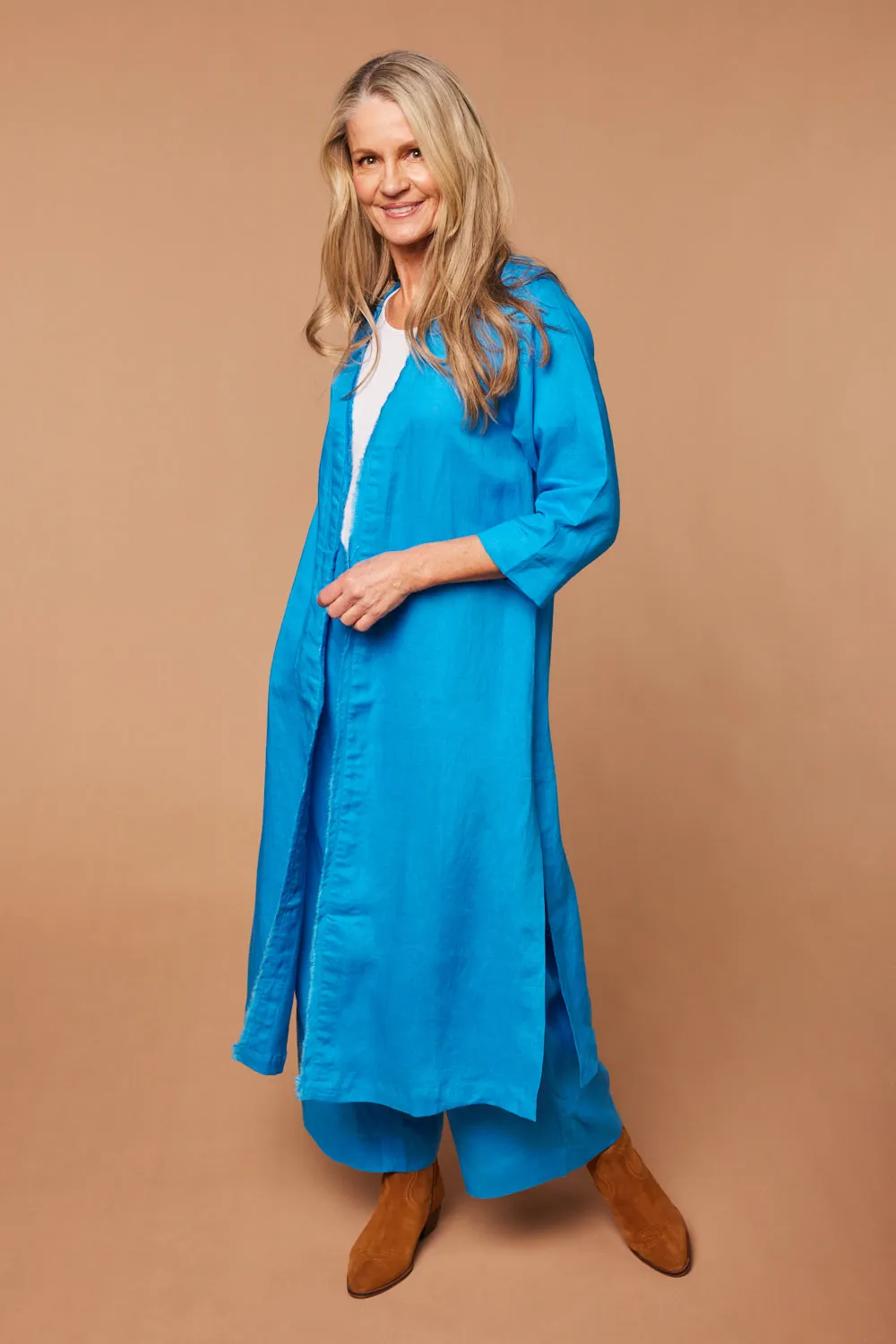 Long Line Linen Duster Jacket in Cobalt