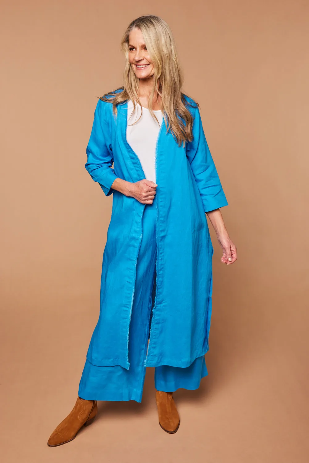 Long Line Linen Duster Jacket in Cobalt