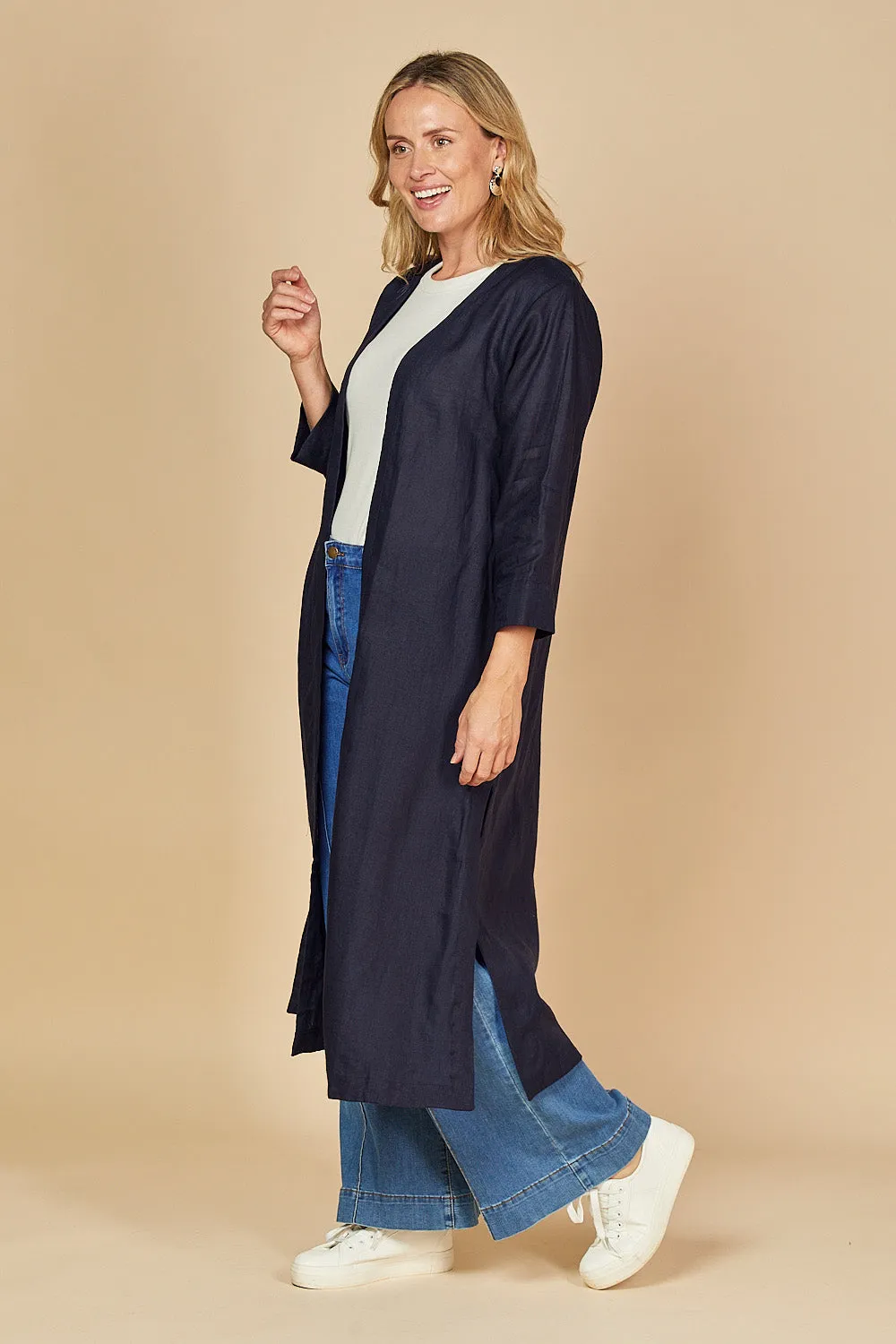 Long Line Linen Duster Jacket in Navy