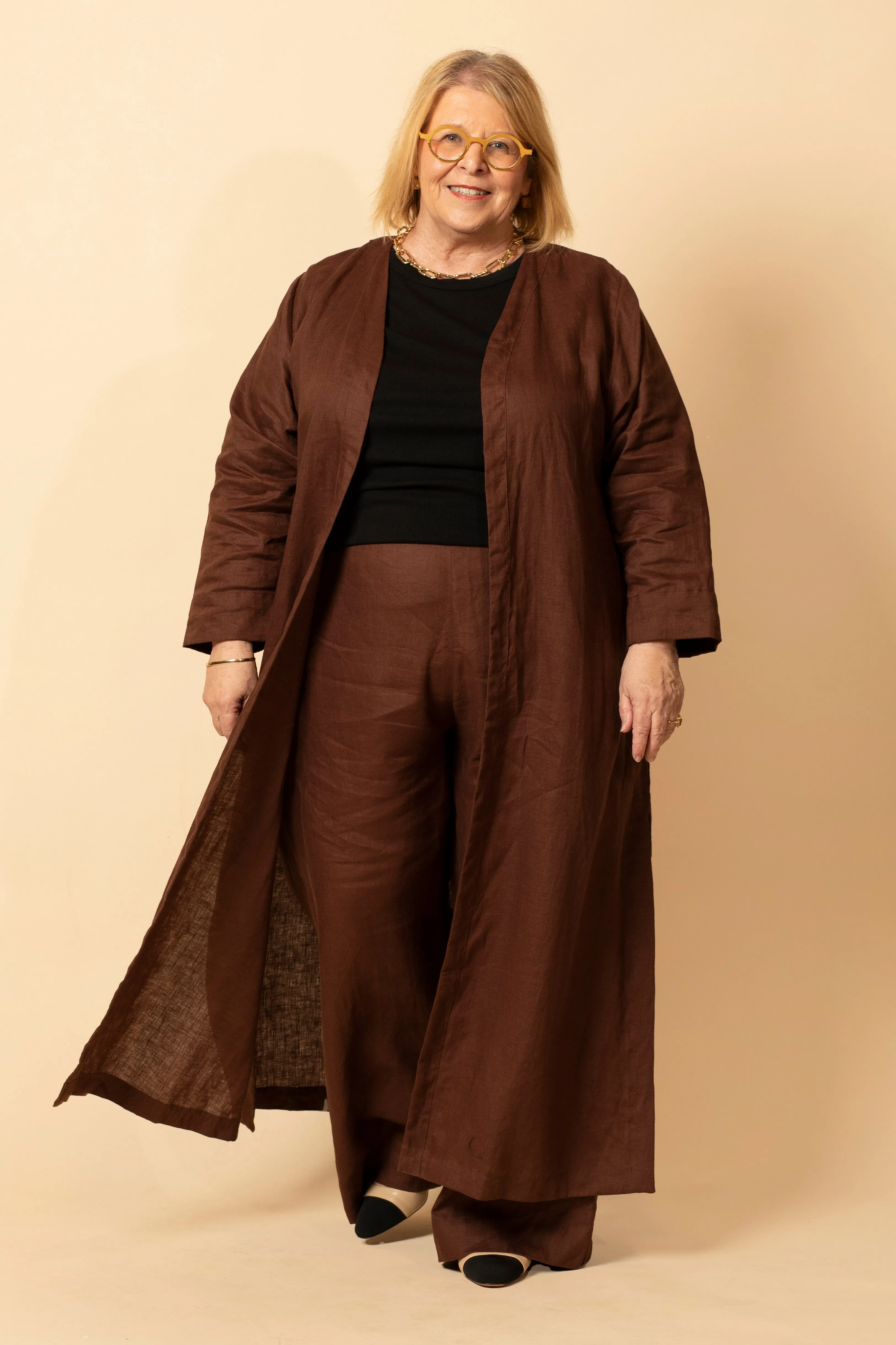 Long Line Linen Duster Jacket in Raisin