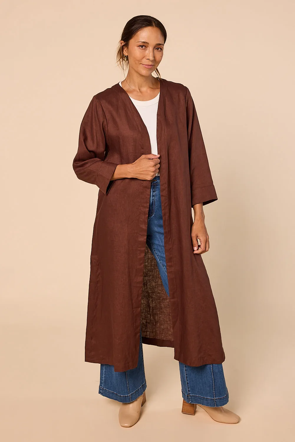 Long Line Linen Duster Jacket in Raisin