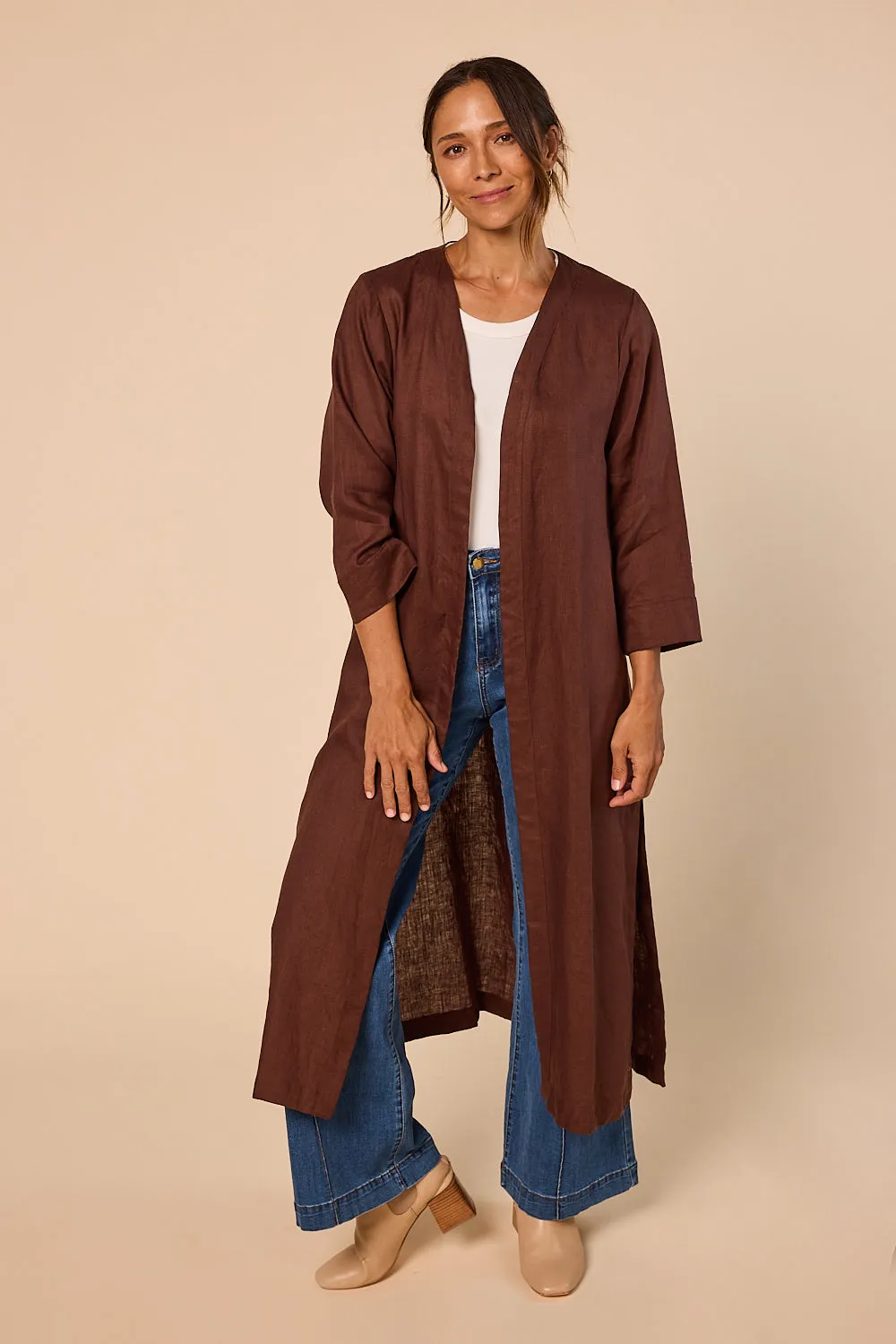 Long Line Linen Duster Jacket in Raisin