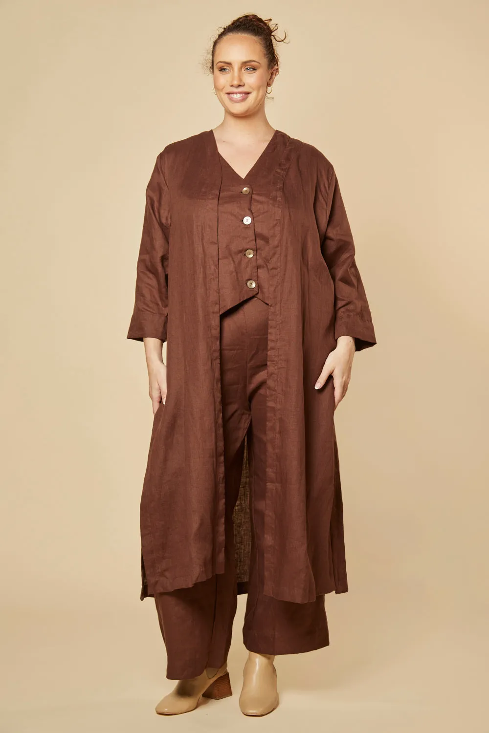 Long Line Linen Duster Jacket in Raisin