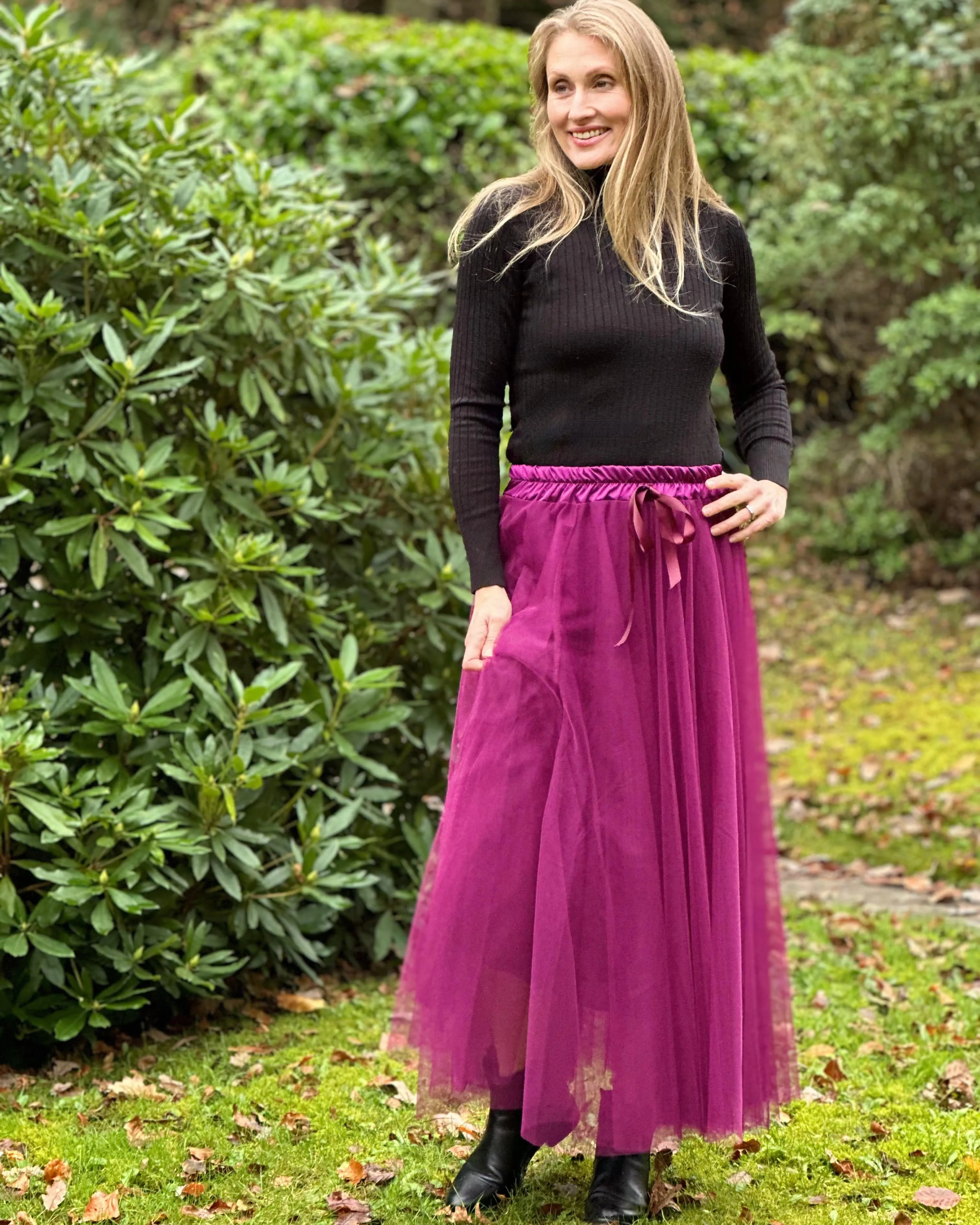 Long Pleated Tulle Skirt - Cranberry