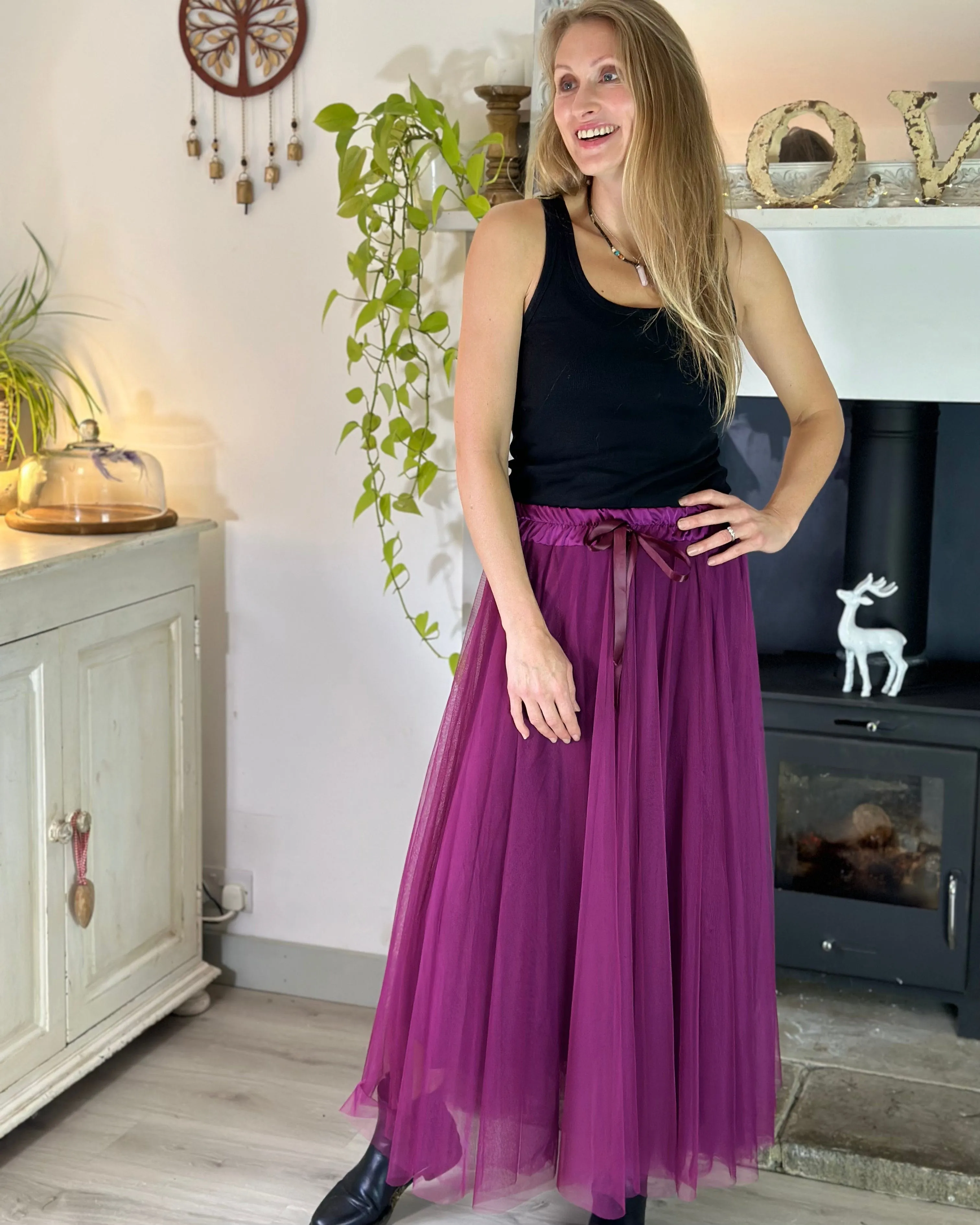 Long Pleated Tulle Skirt - Cranberry