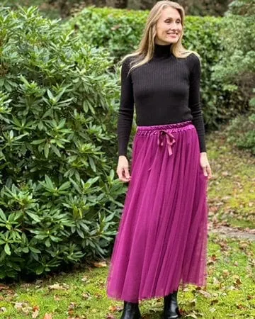 Long Pleated Tulle Skirt - Cranberry