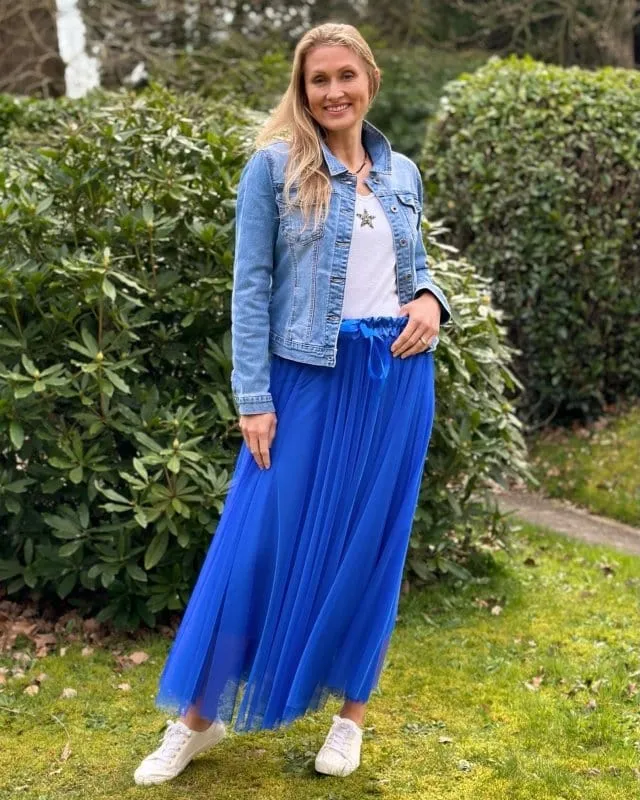 Long Pleated Tulle Skirt - Royal Blue