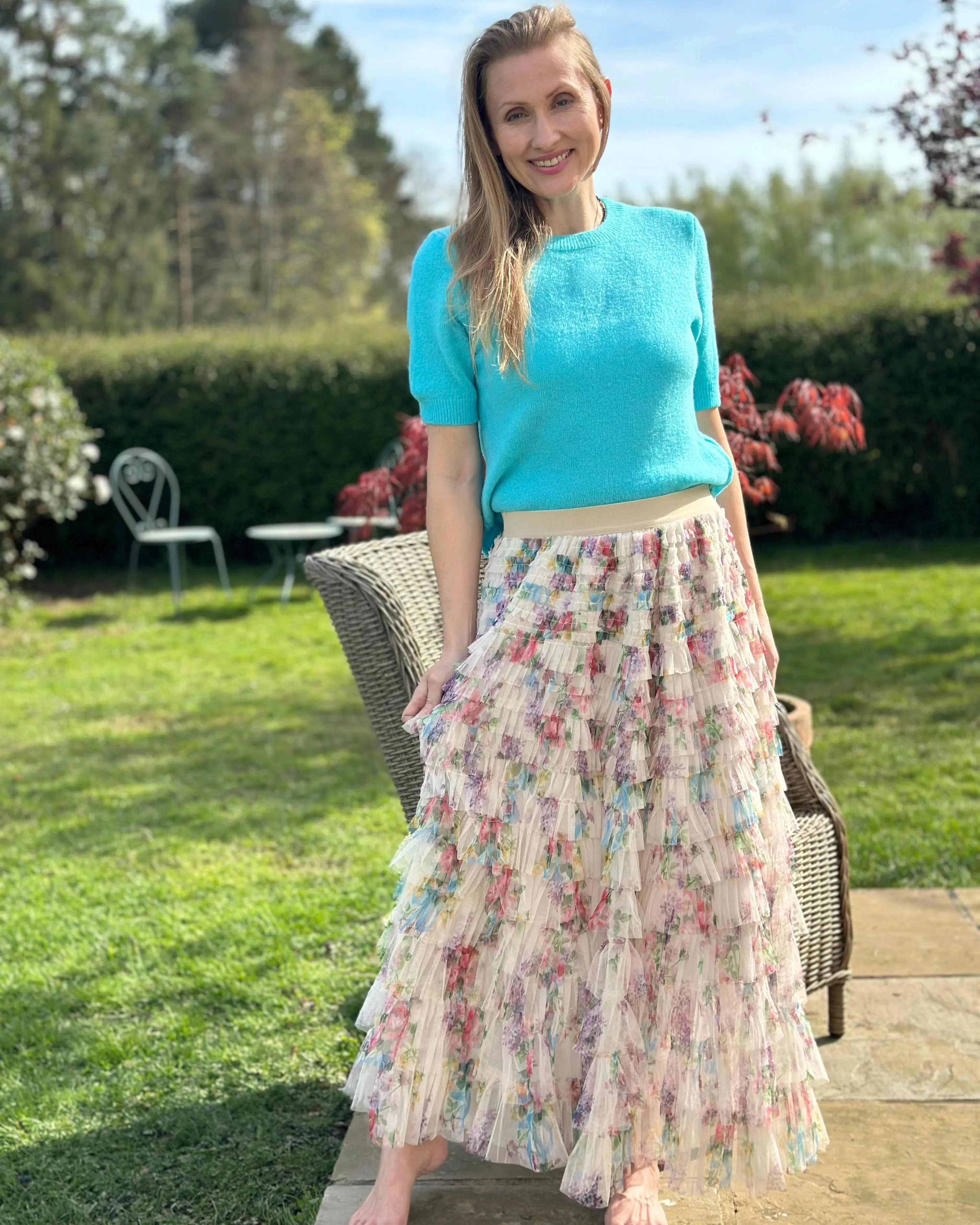 Long Tiered Tulle Skirt - Stone/Floral