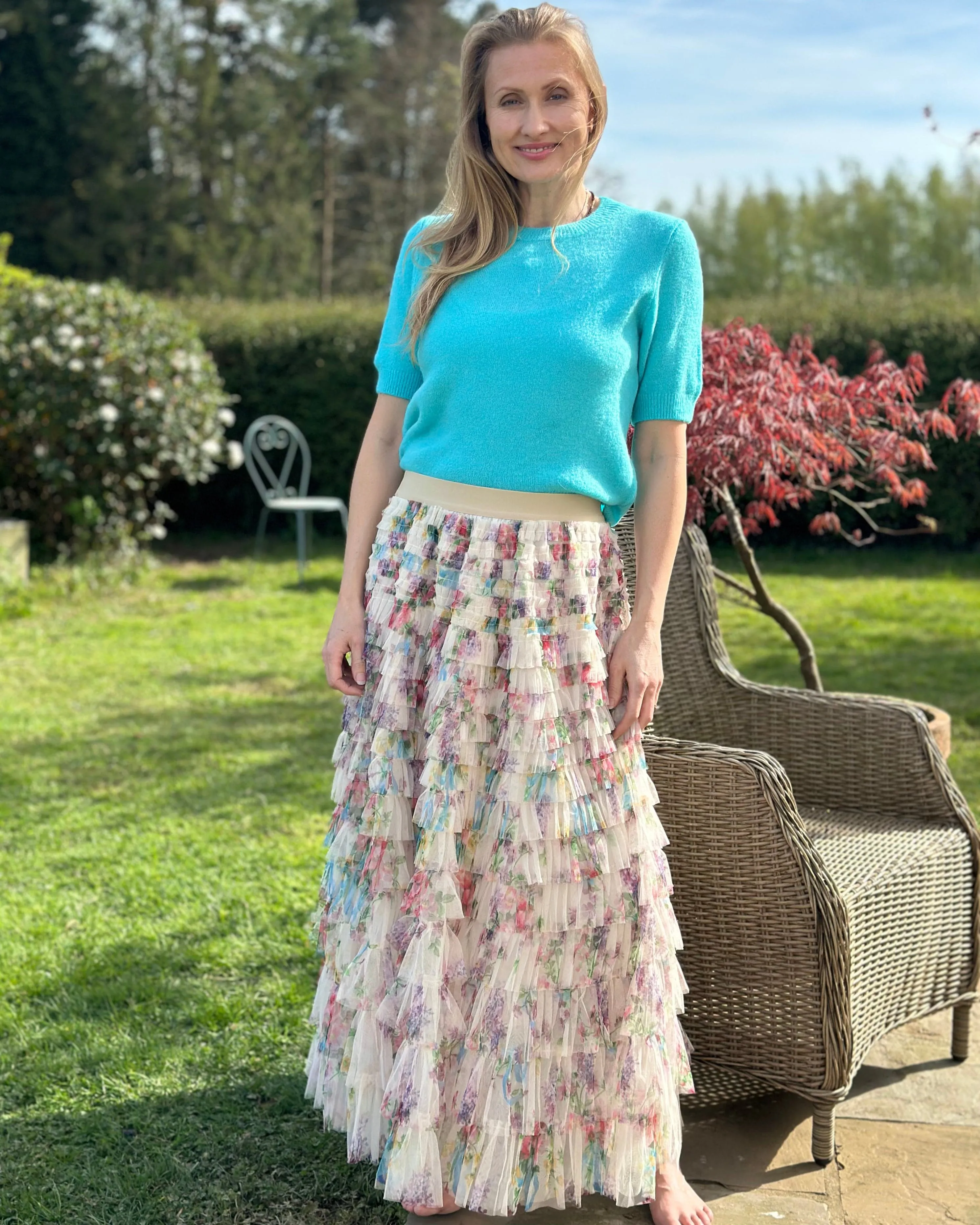 Long Tiered Tulle Skirt - Stone/Floral