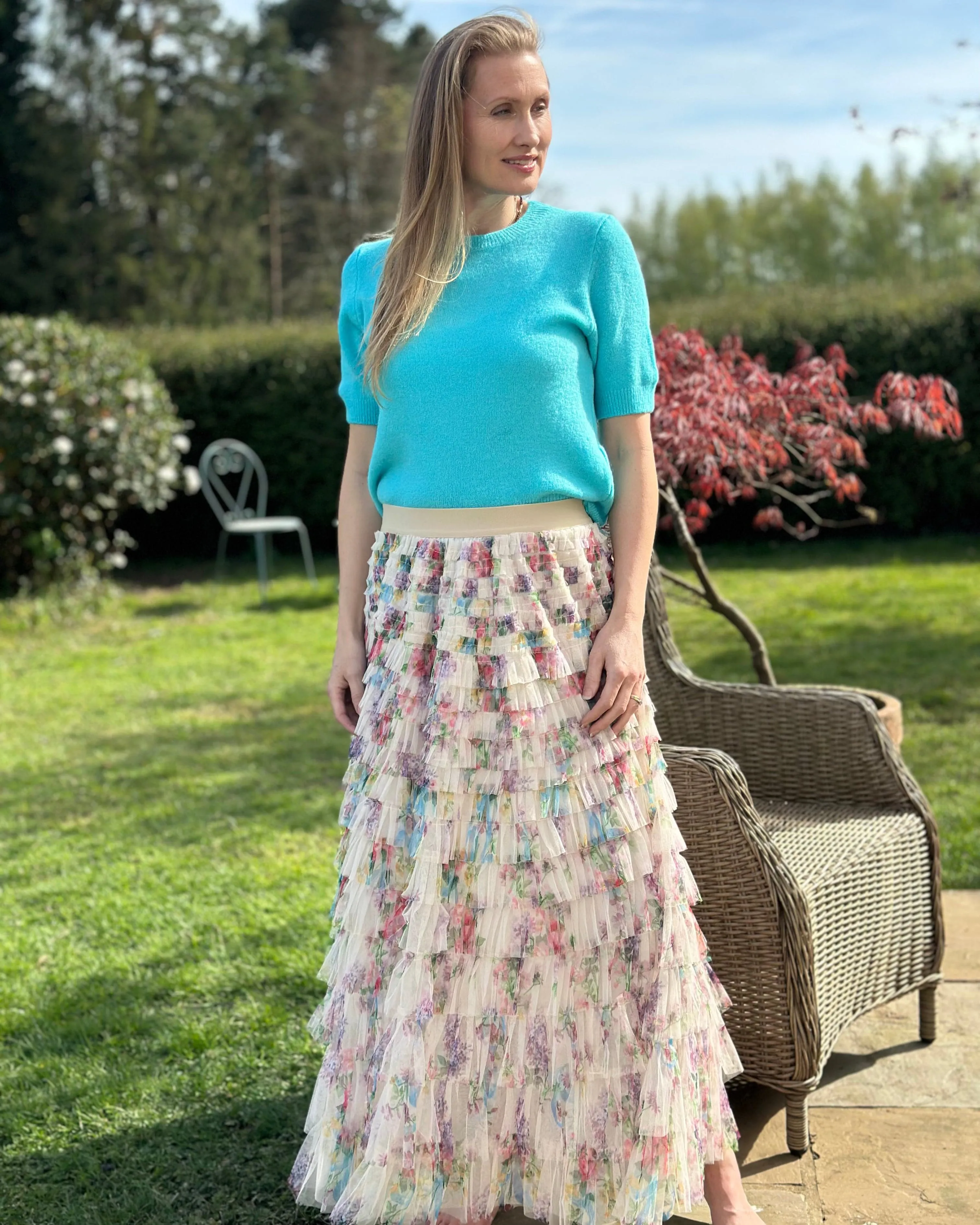 Long Tiered Tulle Skirt - Stone/Floral