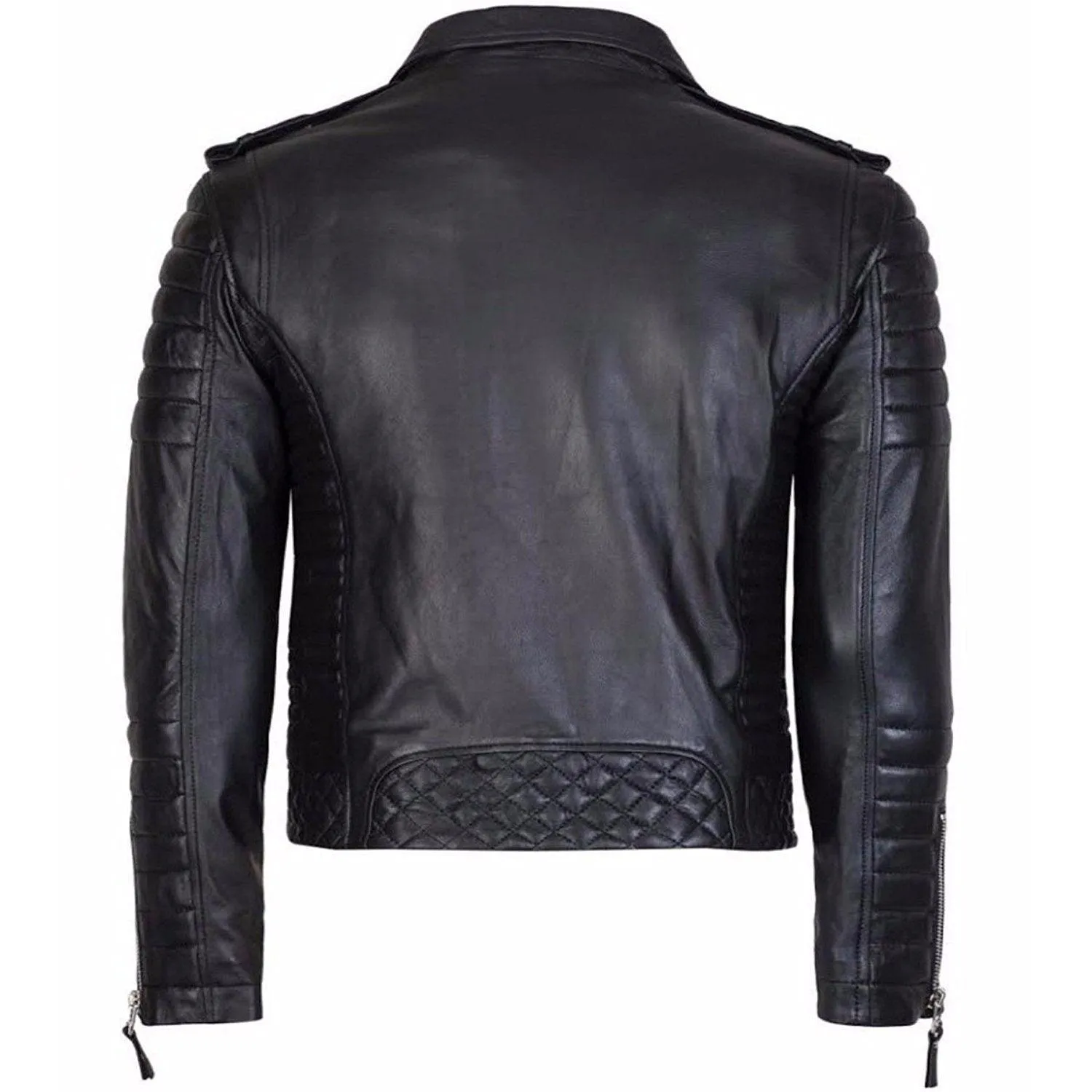 Men Biker Quilted Leather Jacket - Black