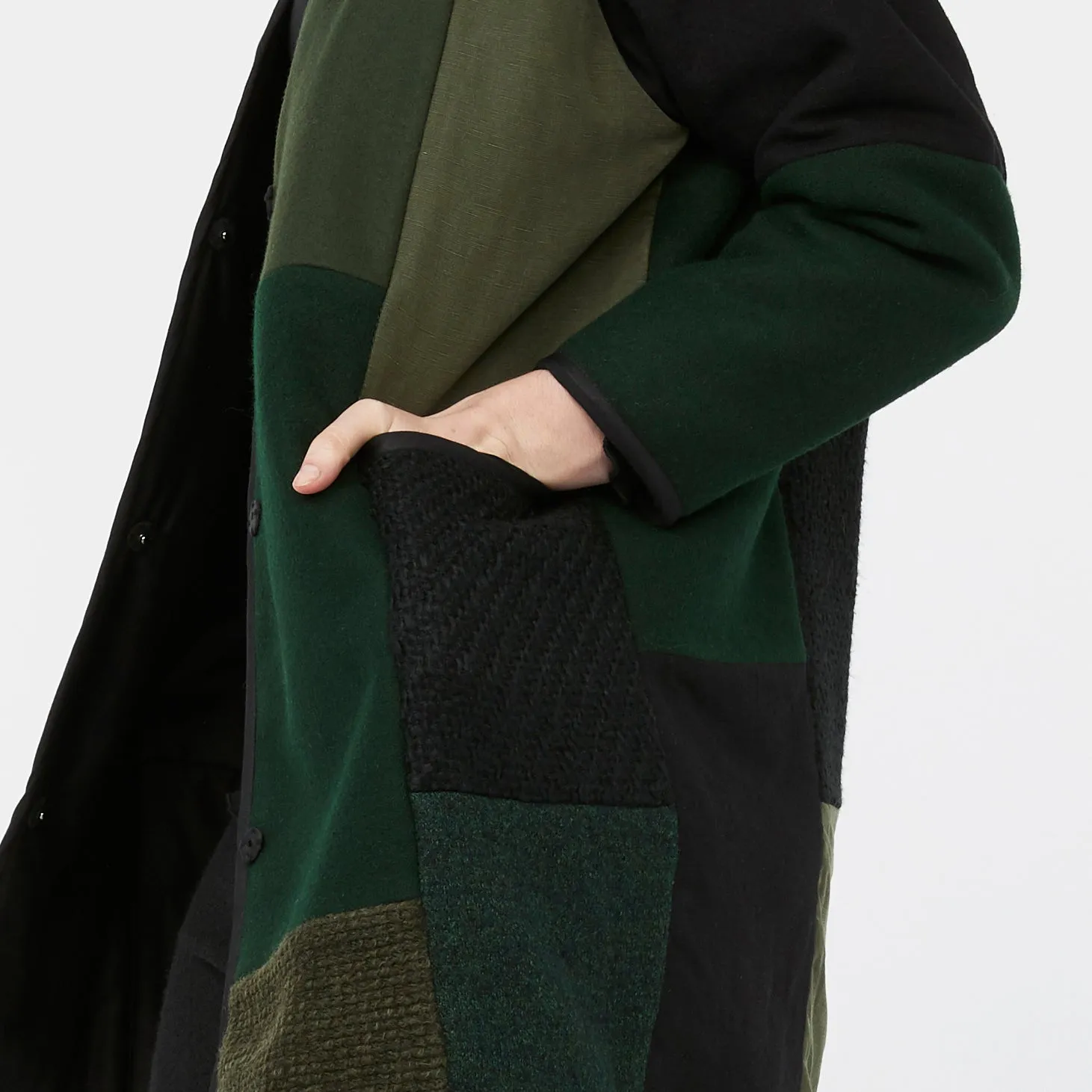 MOSAIC REVERSIBLE COAT ~ GREEN / BLACK [ Quilted Patchwork, Wool, Linen ] ~ Last Chance!