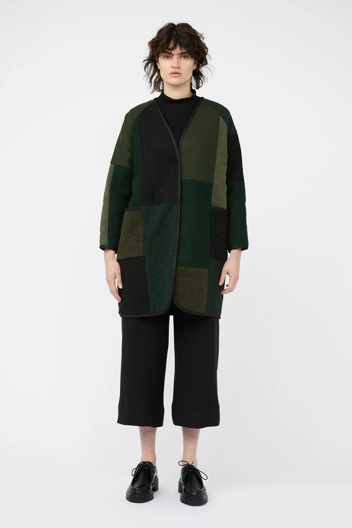 MOSAIC REVERSIBLE COAT ~ GREEN / BLACK [ Quilted Patchwork, Wool, Linen ] ~ Last Chance!