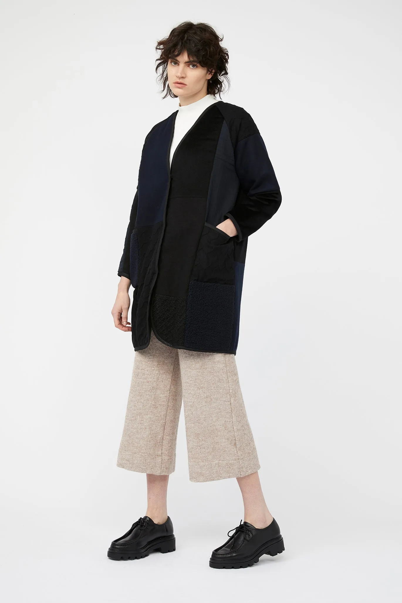 MOSAIC REVERSIBLE COAT ~ NAVY / BLACK [ Quilted Patchwork, Wool, Linen, Cotton ]