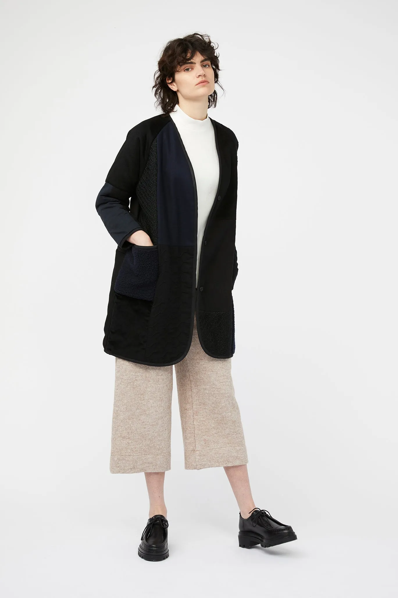 MOSAIC REVERSIBLE COAT ~ NAVY / BLACK [ Quilted Patchwork, Wool, Linen, Cotton ]