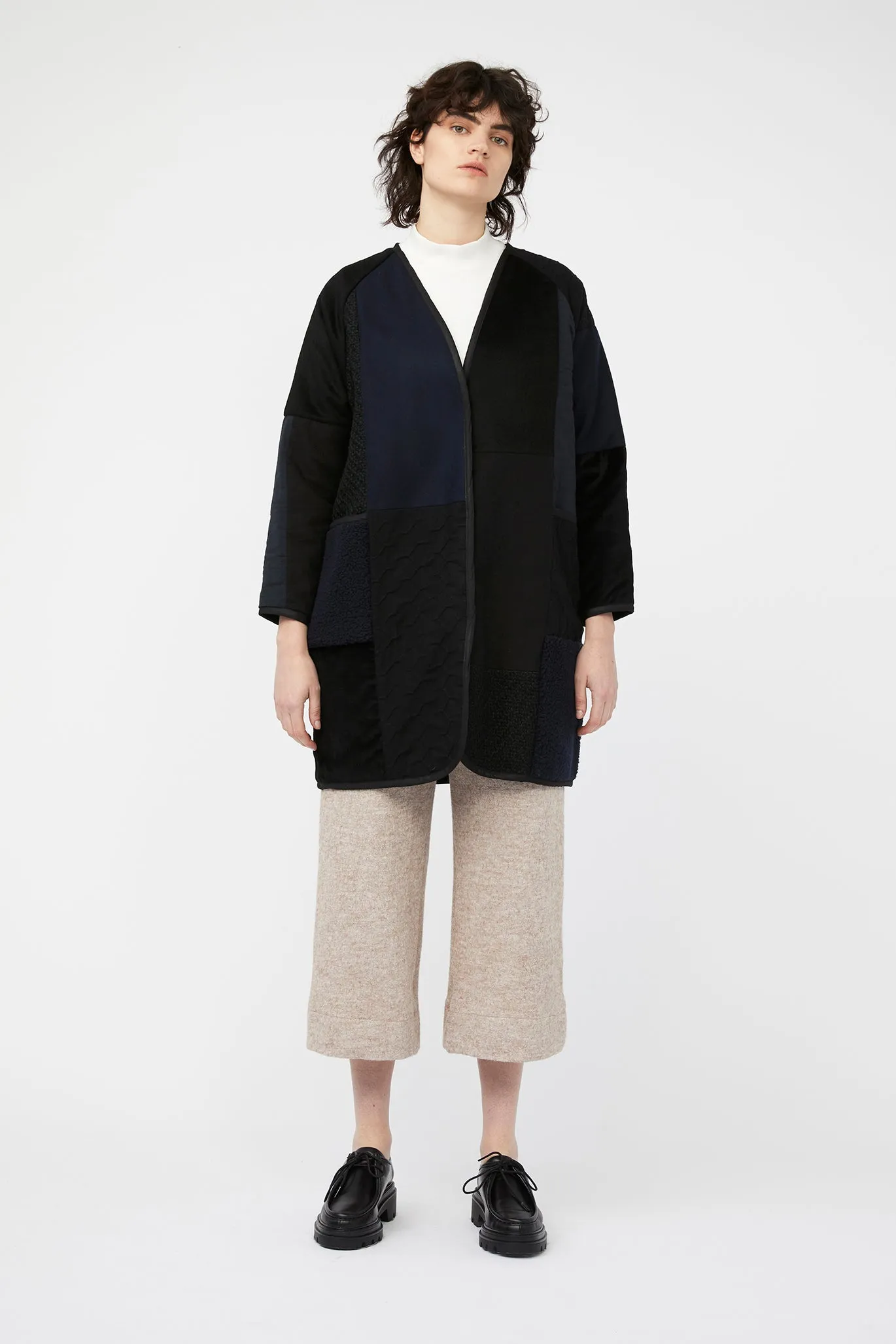 MOSAIC REVERSIBLE COAT ~ NAVY / BLACK [ Quilted Patchwork, Wool, Linen, Cotton ]