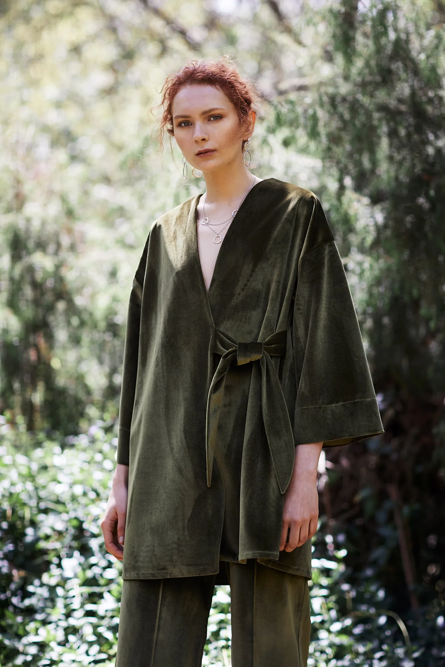 MOSS COAT [ Green Chartreuse Velvet, Wrap Waist Ties ]