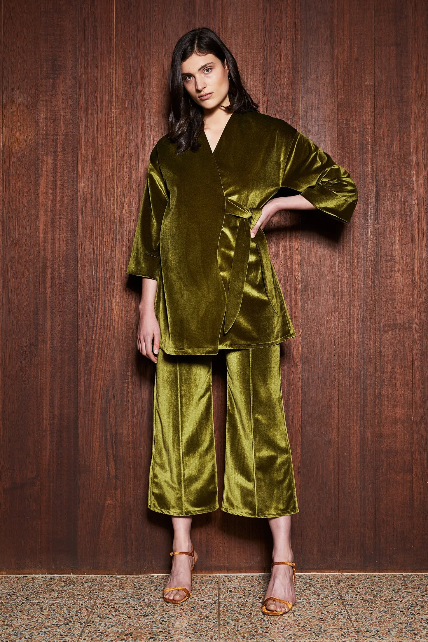 MOSS COAT [ Green Chartreuse Velvet, Wrap Waist Ties ]