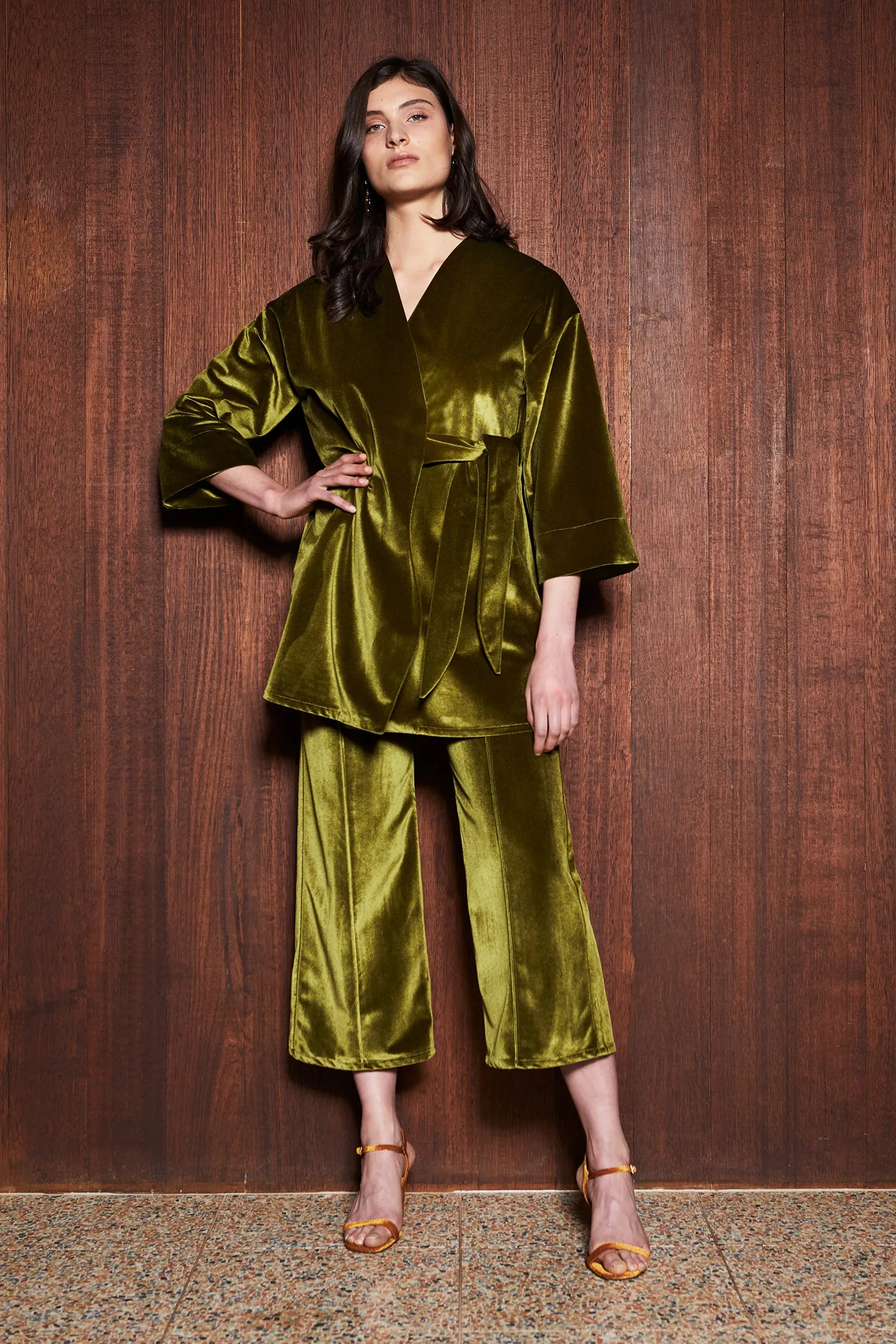 MOSS COAT [ Green Chartreuse Velvet, Wrap Waist Ties ]