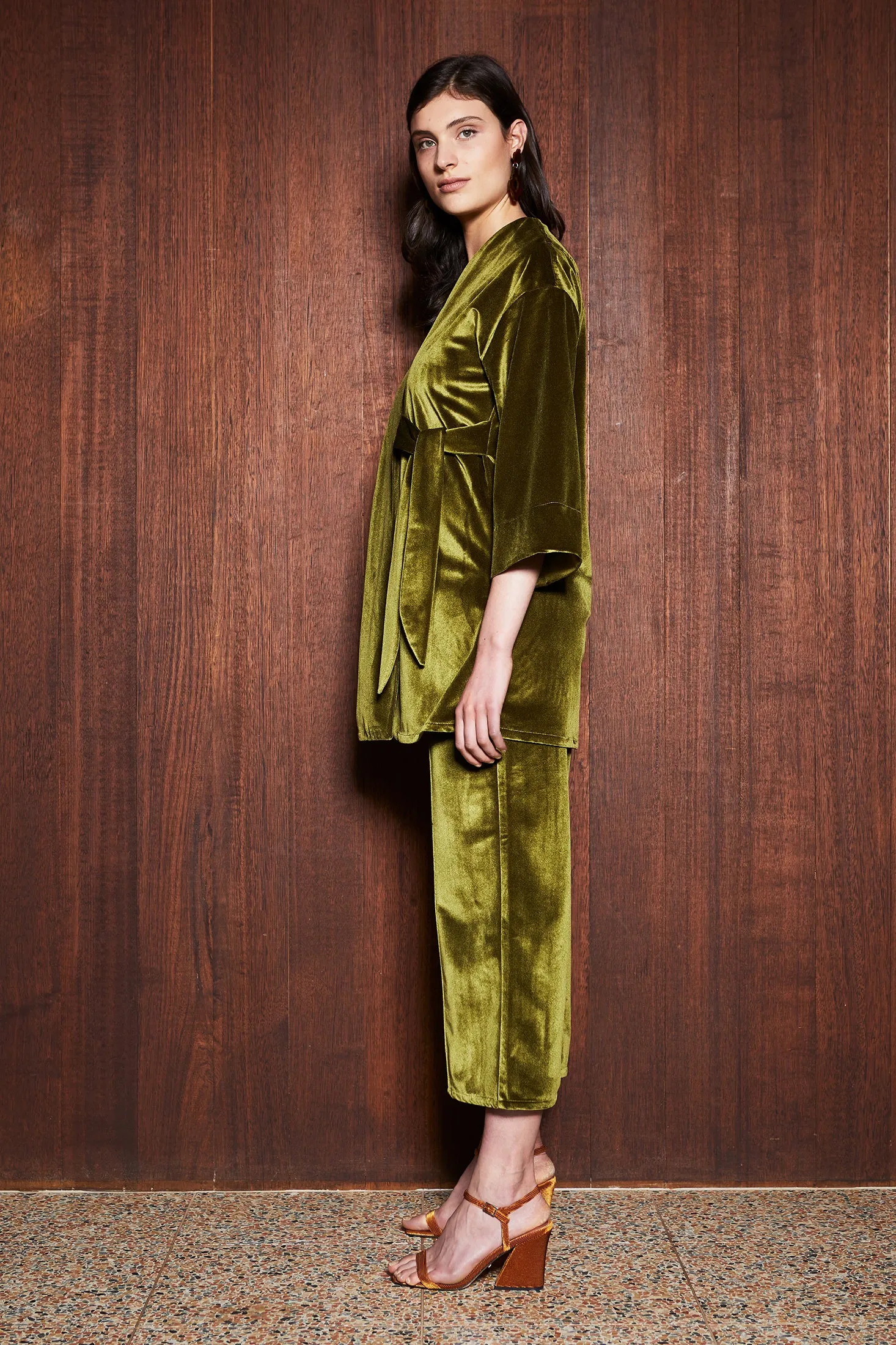 MOSS COAT [ Green Chartreuse Velvet, Wrap Waist Ties ]