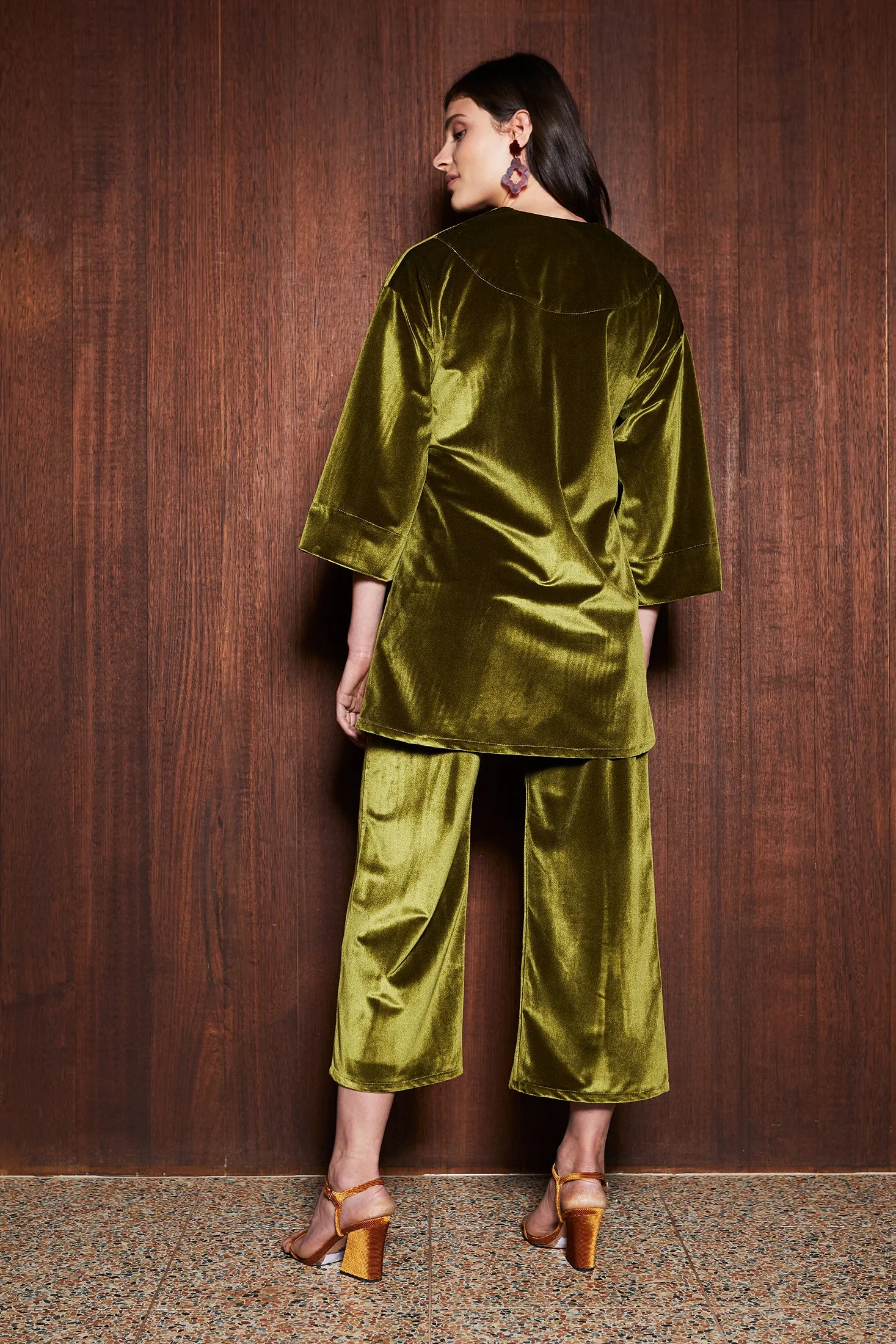 MOSS COAT [ Green Chartreuse Velvet, Wrap Waist Ties ]