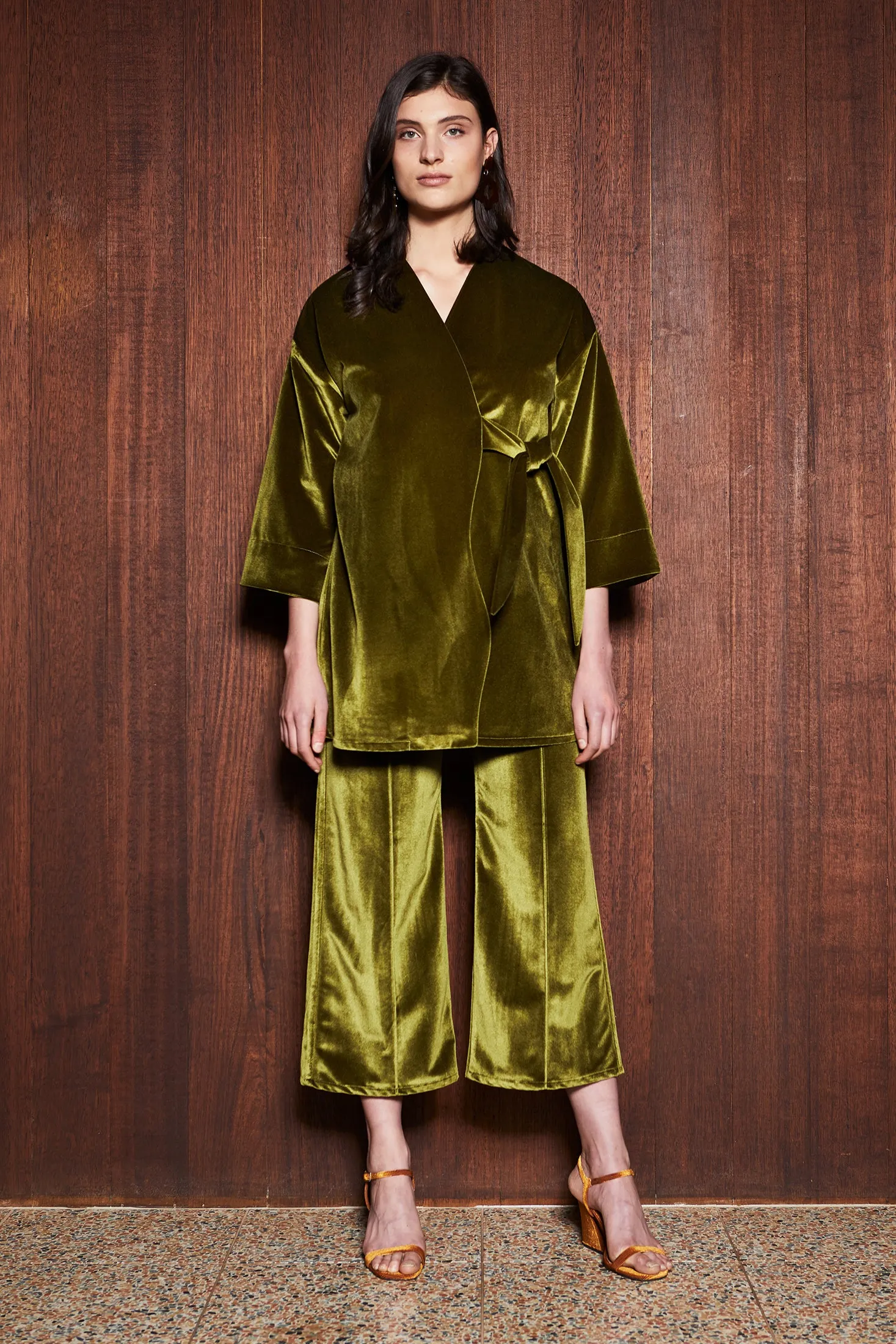 MOSS COAT [ Green Chartreuse Velvet, Wrap Waist Ties ]