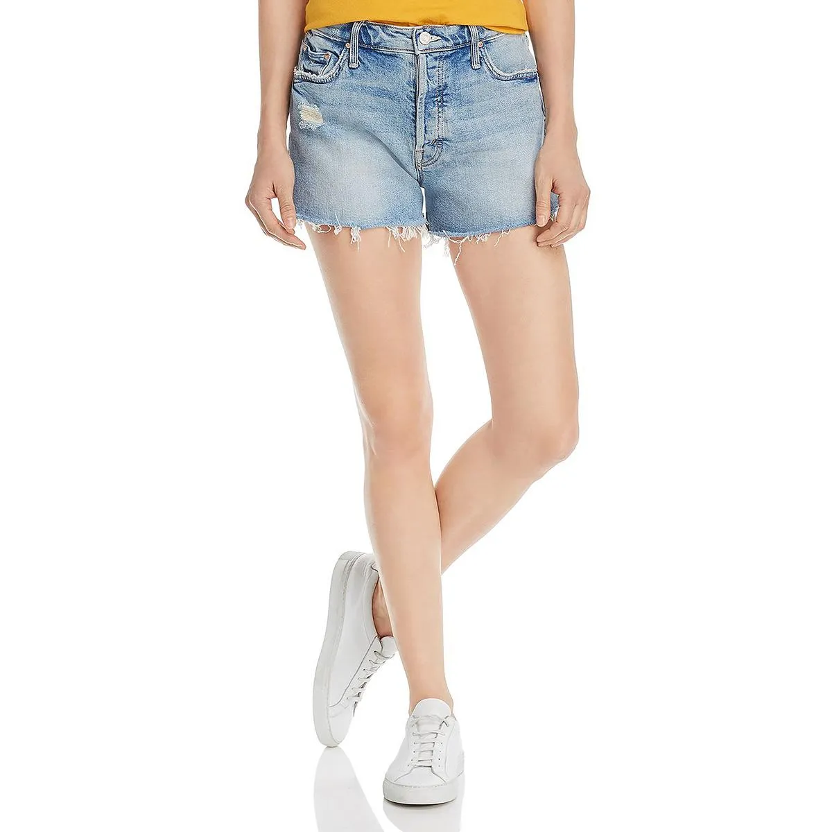 MOTHER Superior Womens Tomcat Kick Mid-Rise Distressed Denim Shorts