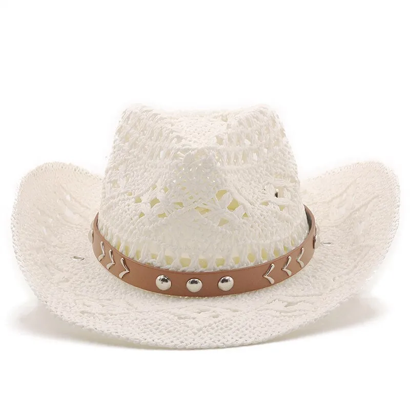 New Cowboy Hat Summer Straw Womens Hats Handmade Sun Hat for Men Cowgirl False Gem Decoration Casual Beach Cap Panama