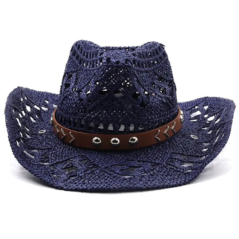 New Cowboy Hat Summer Straw Womens Hats Handmade Sun Hat for Men Cowgirl False Gem Decoration Casual Beach Cap Panama