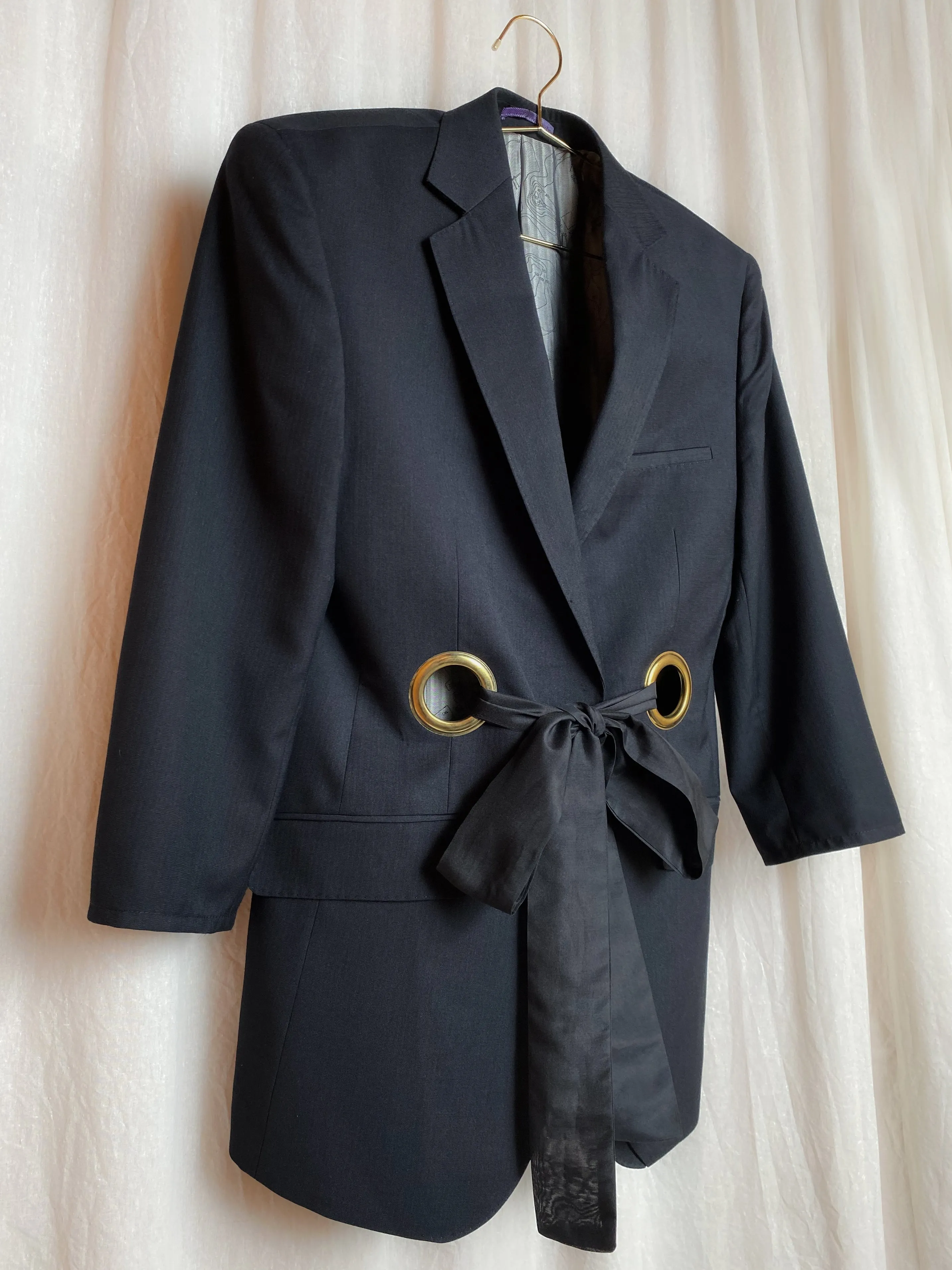 OUT OF OFFICE SUIT JACKET [ Wool Blend, Black Tie Blazer, Gold Eyelets, Size Small ]