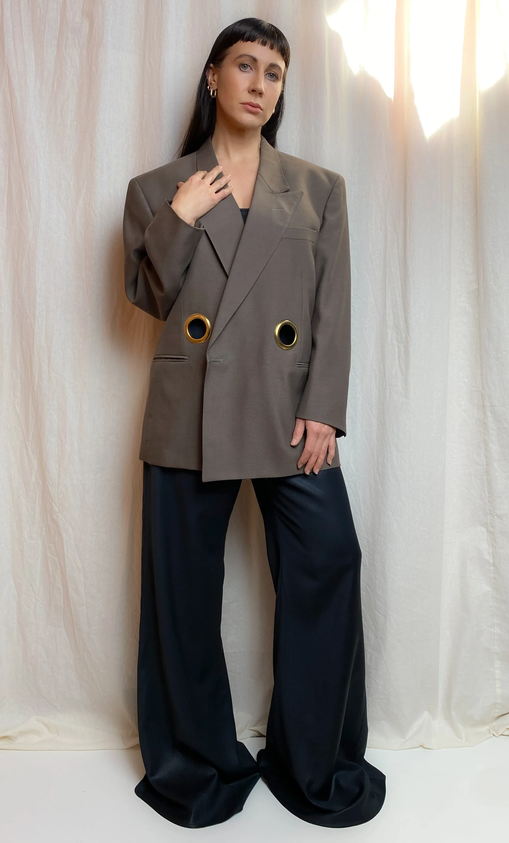 OUT OF OFFICE SUIT JACKET [ Wool Blend, Brown Tie Blazer, Gold Eyelets, Up To Size Extra Large ]