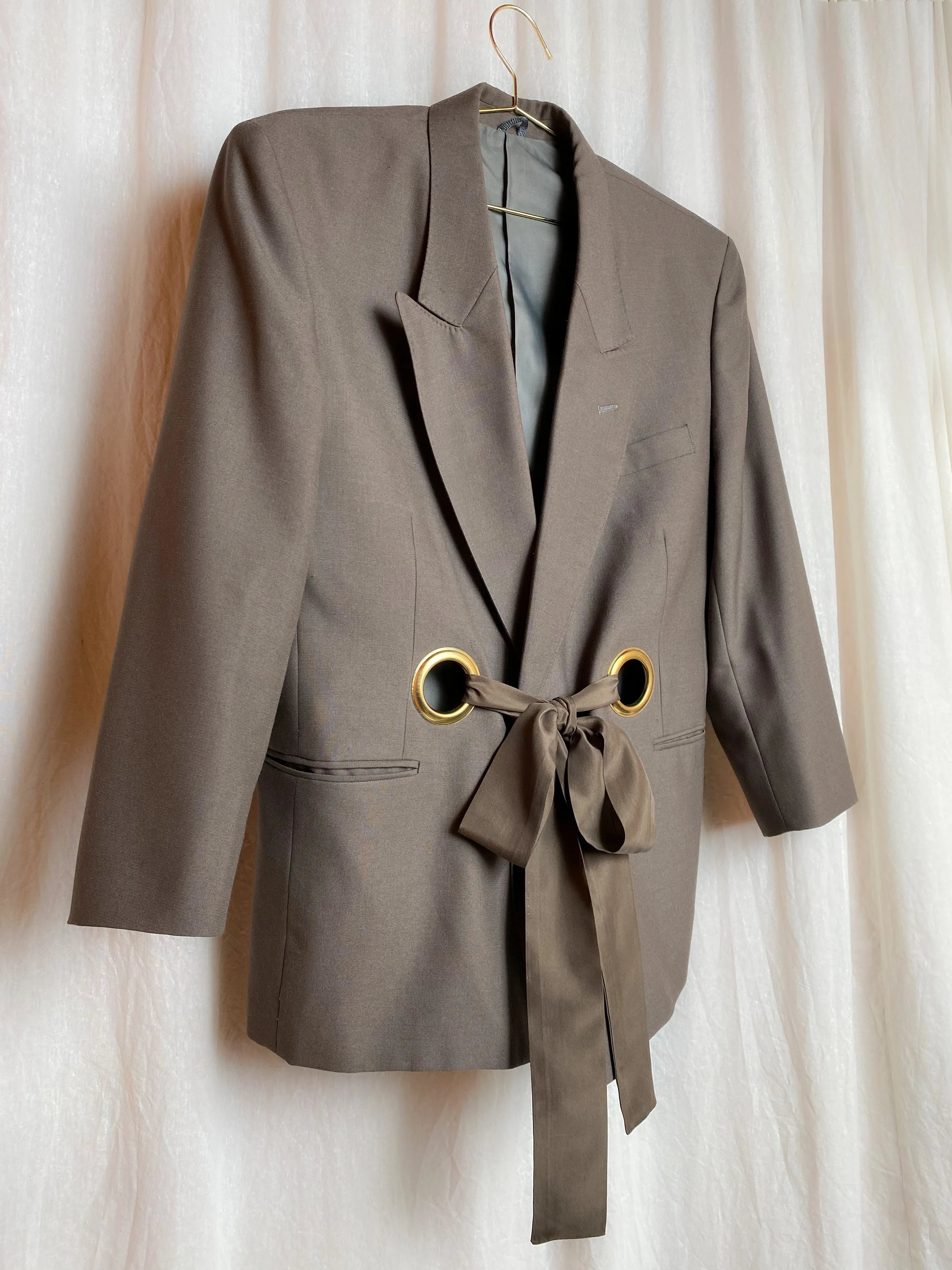 OUT OF OFFICE SUIT JACKET [ Wool Blend, Brown Tie Blazer, Gold Eyelets, Up To Size Extra Large ]