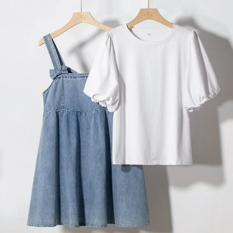 Outfit-Set: Denim Dress With Bow   Tee With Puff Sleeves