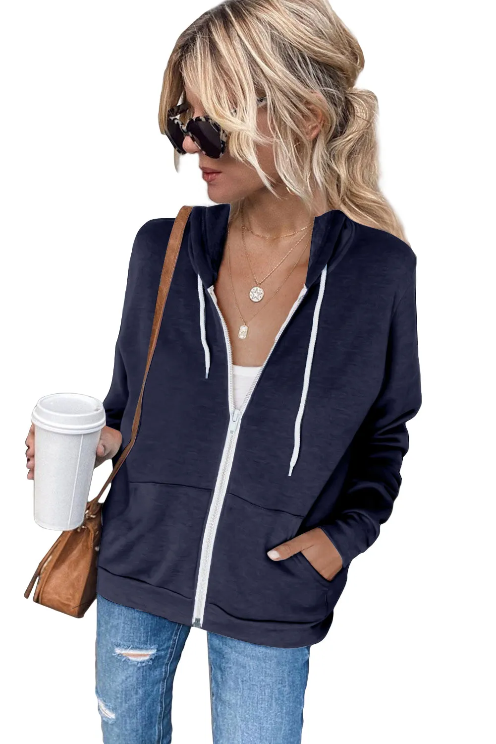 Oversized Zip Up Hoodie Sweatshirt Solid Color Jacket with Zipper