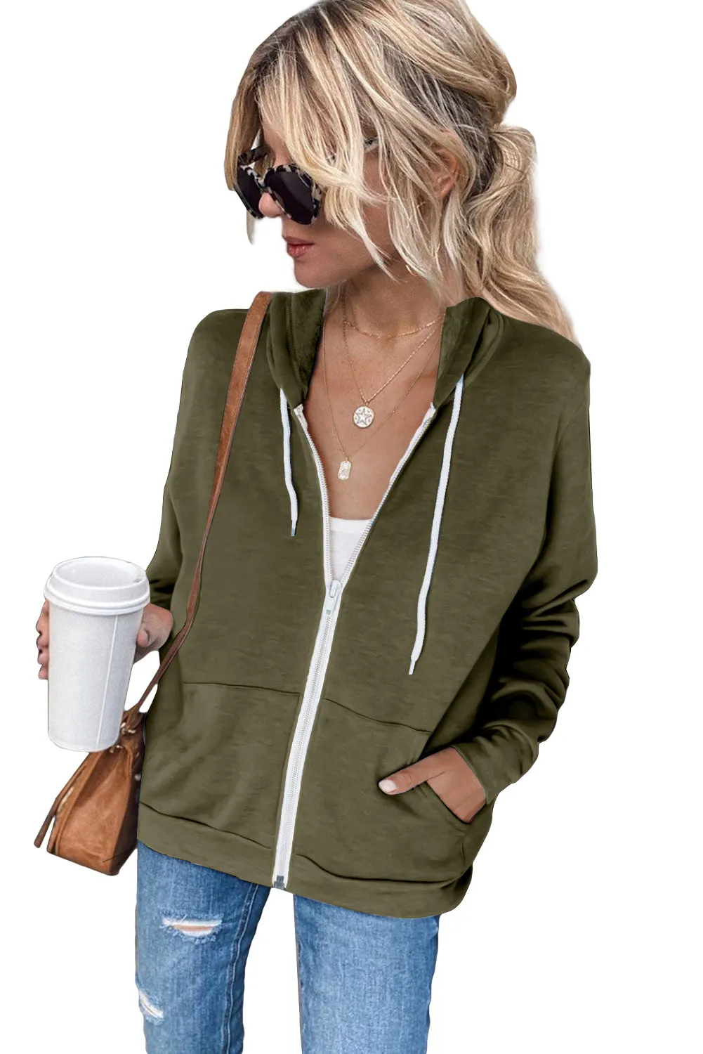 Oversized Zip Up Hoodie Sweatshirt Solid Color Jacket with Zipper