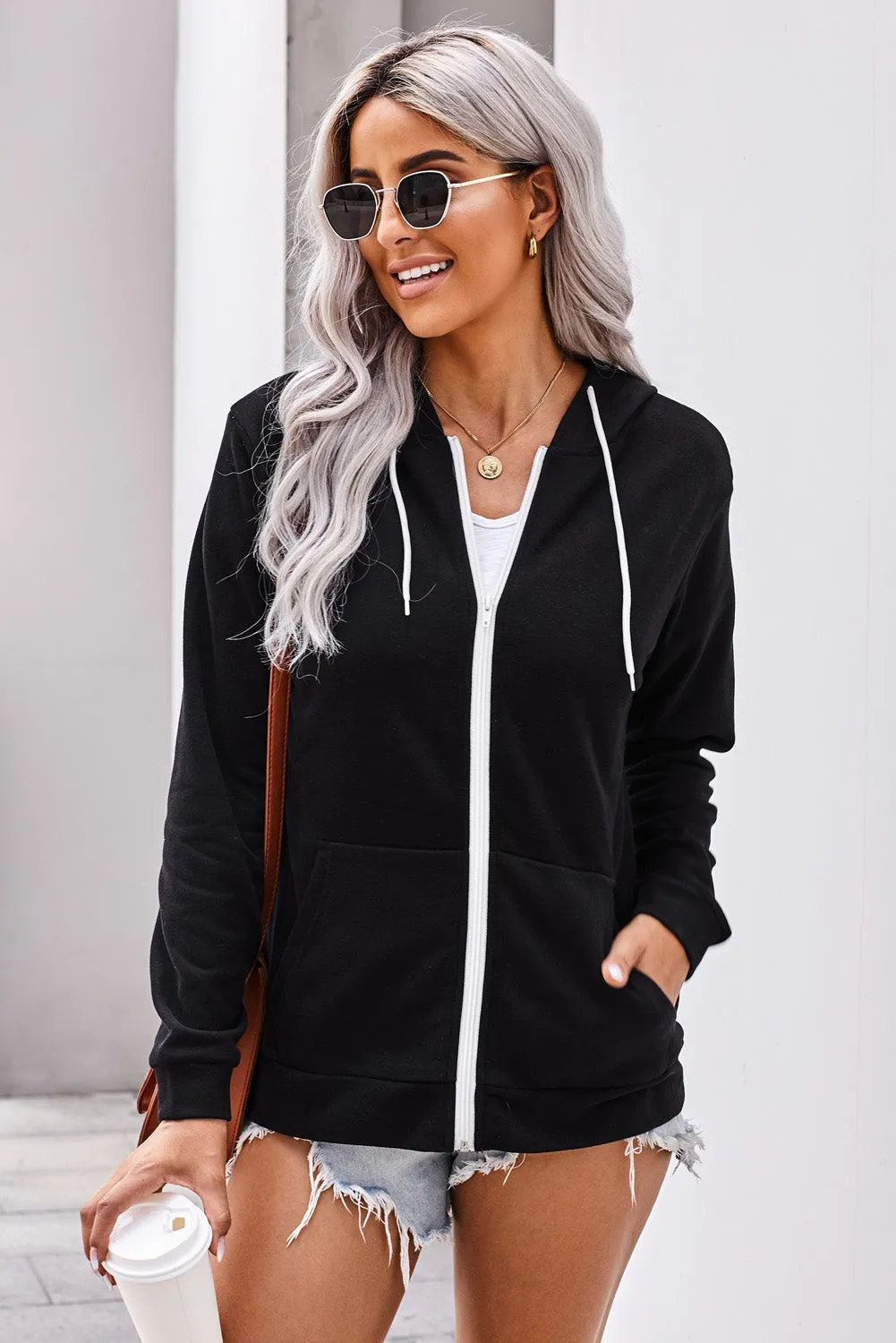 Oversized Zip Up Hoodie Sweatshirt Solid Color Jacket with Zipper