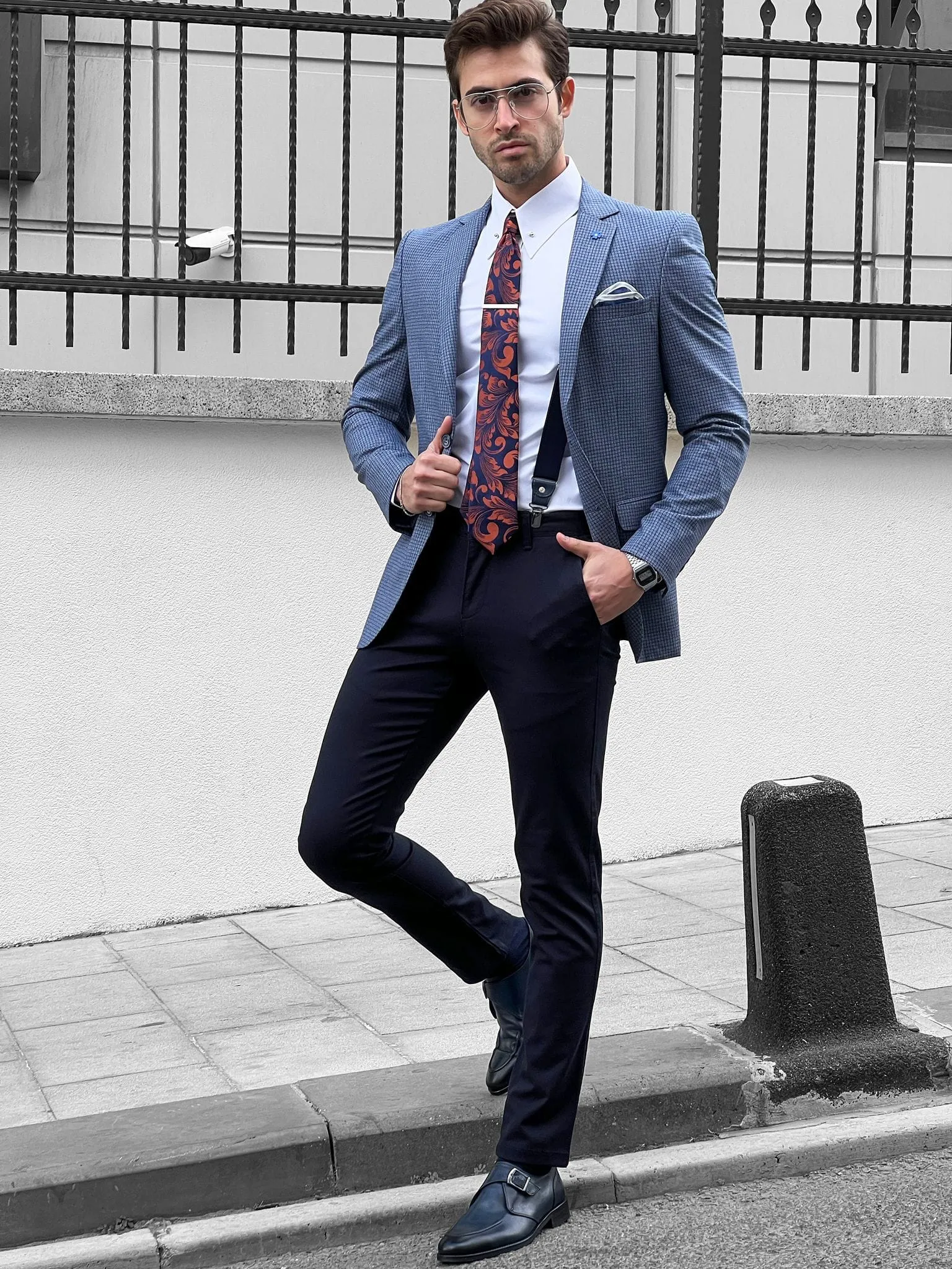 Patterned Slim-fit Mono Collar Blue Gray Jacket