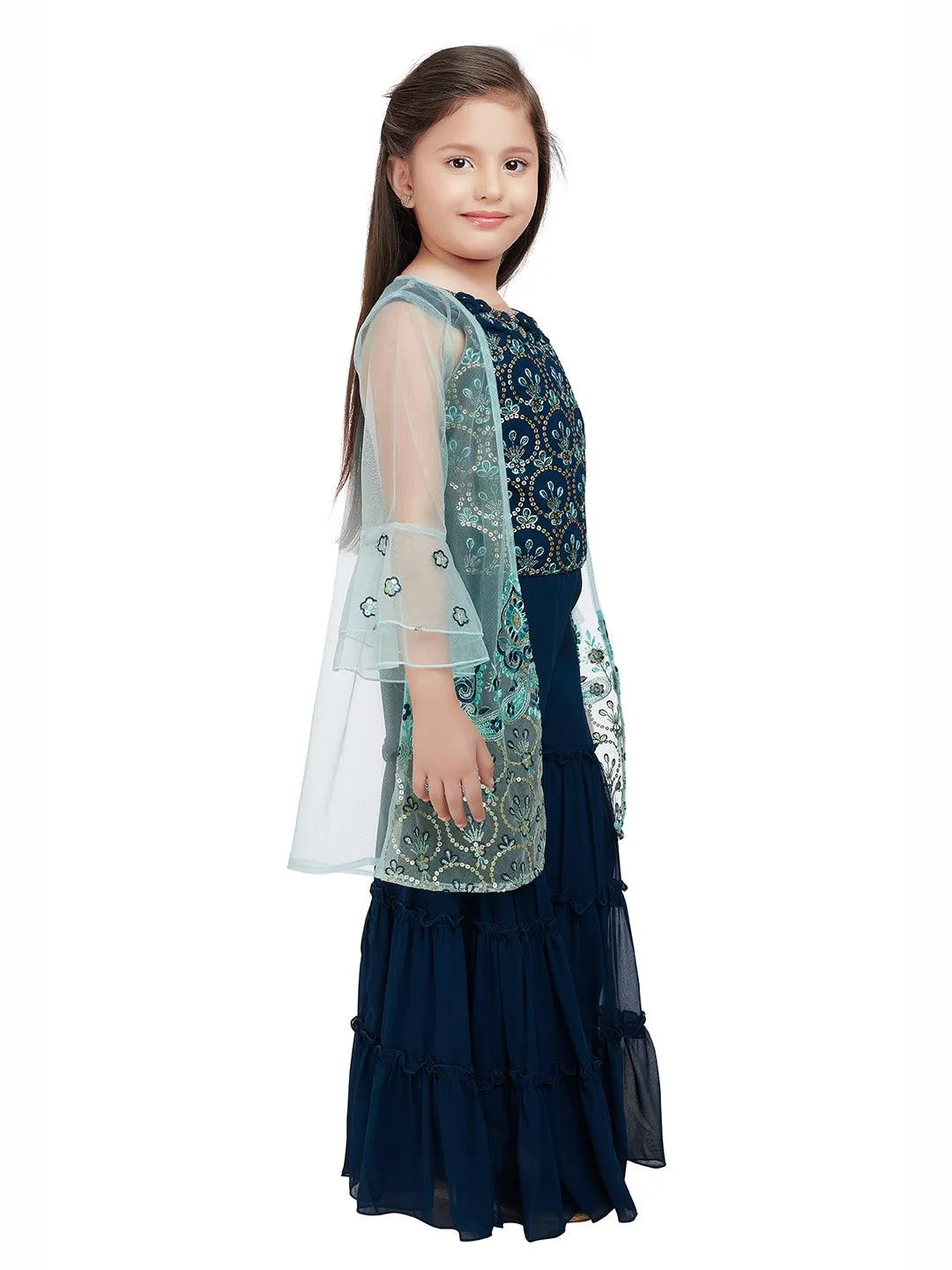 Peacock Blue Coloured Gharara / Sharara Set With Jacket For Girls