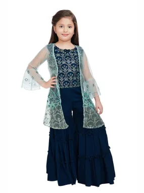 Peacock Blue Coloured Gharara / Sharara Set With Jacket For Girls