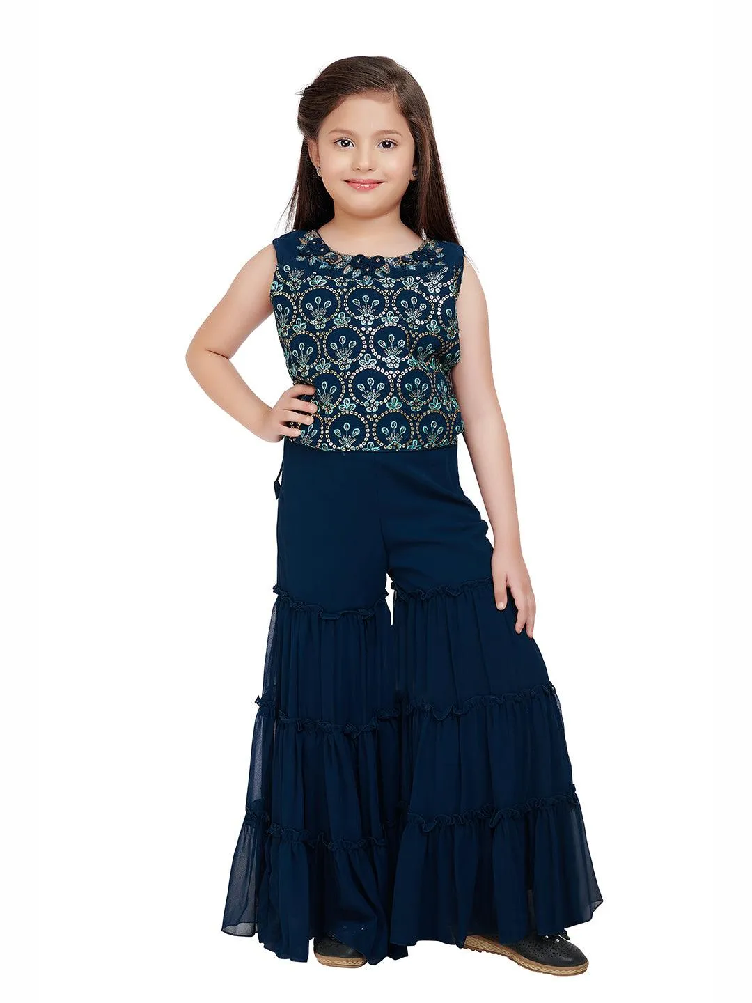 Peacock Blue Coloured Gharara / Sharara Set With Jacket For Girls