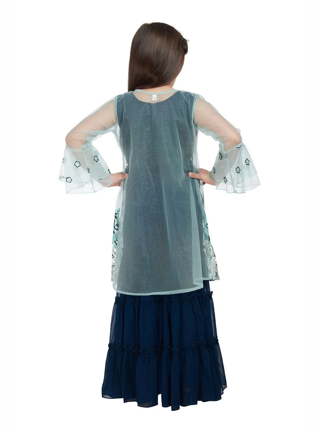 Peacock Blue Coloured Gharara / Sharara Set With Jacket For Girls