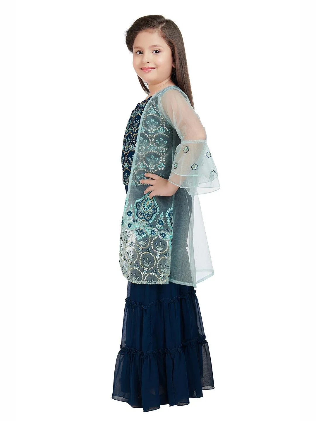 Peacock Blue Coloured Gharara / Sharara Set With Jacket For Girls