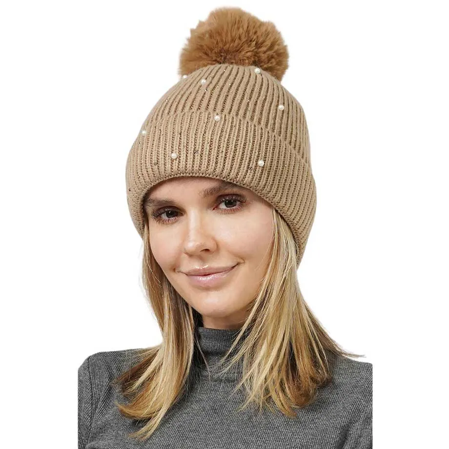 Pearl Embellished Faux Fur Lining Knit Pom Pom Beanie Hat