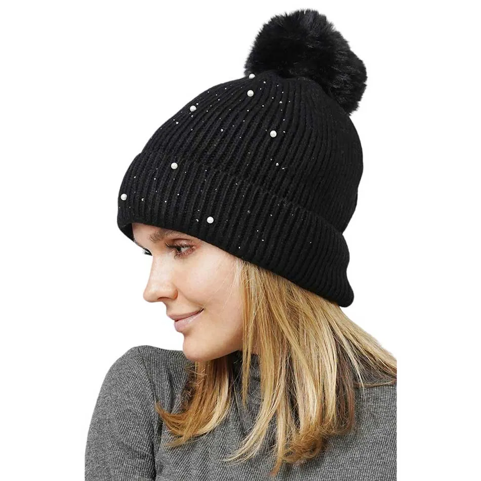 Pearl Embellished Faux Fur Lining Knit Pom Pom Beanie Hat