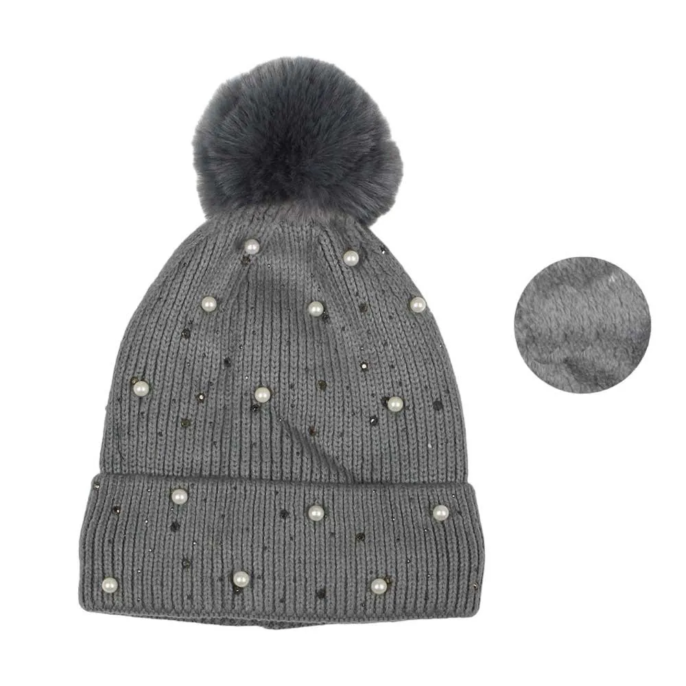 Pearl Embellished Faux Fur Lining Knit Pom Pom Beanie Hat