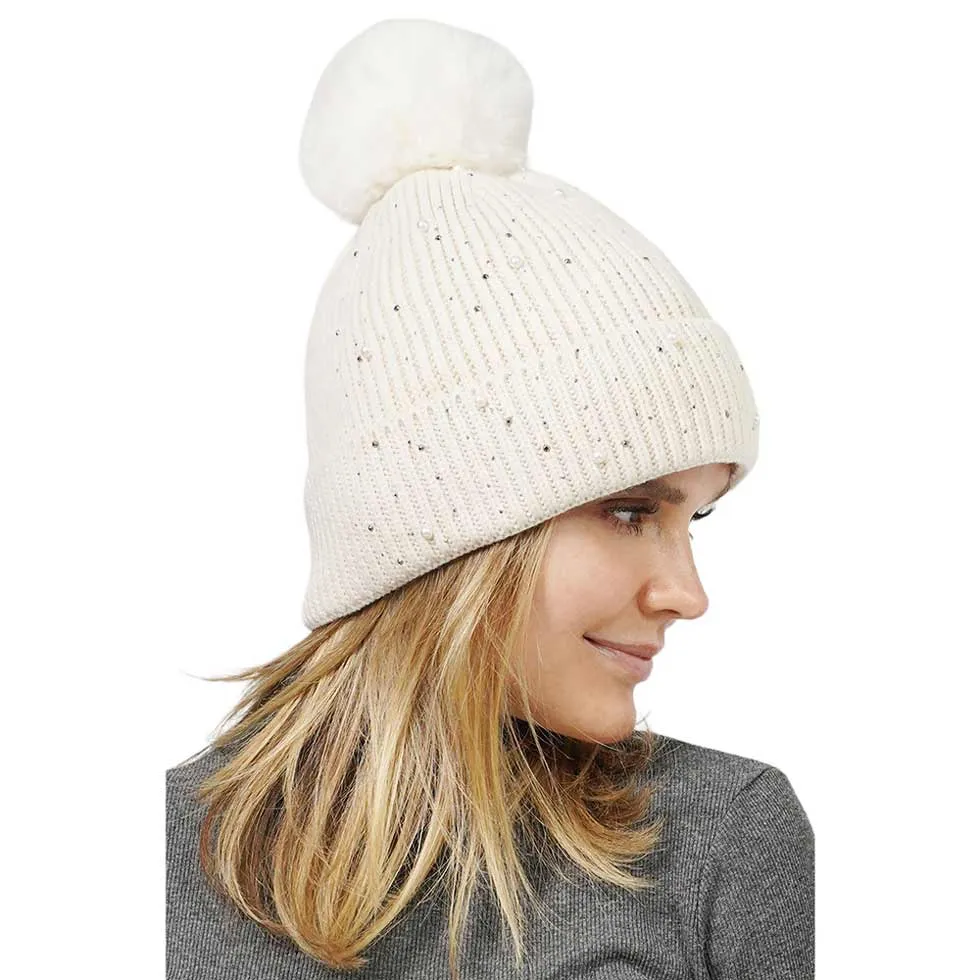 Pearl Embellished Faux Fur Lining Knit Pom Pom Beanie Hat