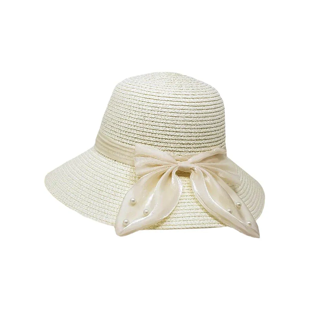 Pearl Pointed Bow Band Straw Sun Hat