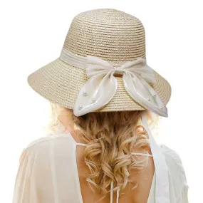 Pearl Pointed Bow Band Straw Sun Hat