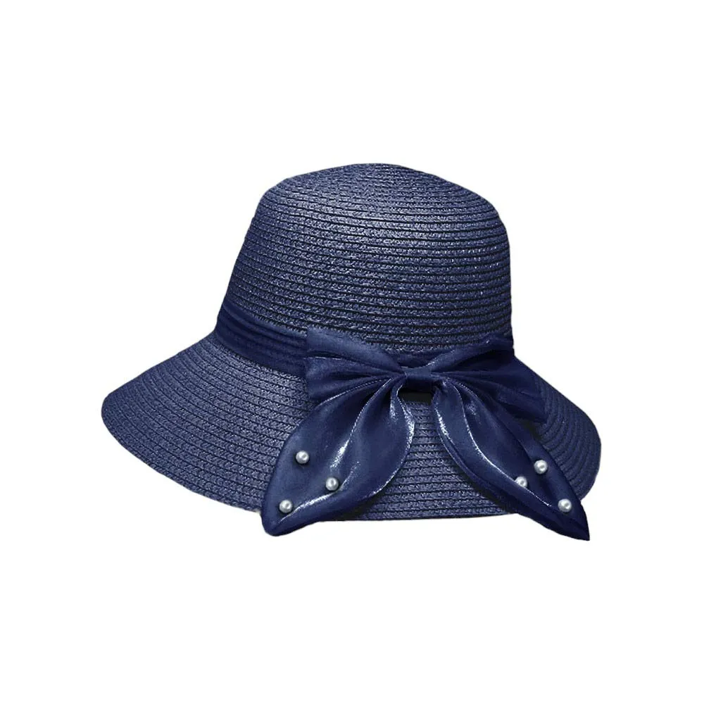 Pearl Pointed Bow Band Straw Sun Hat