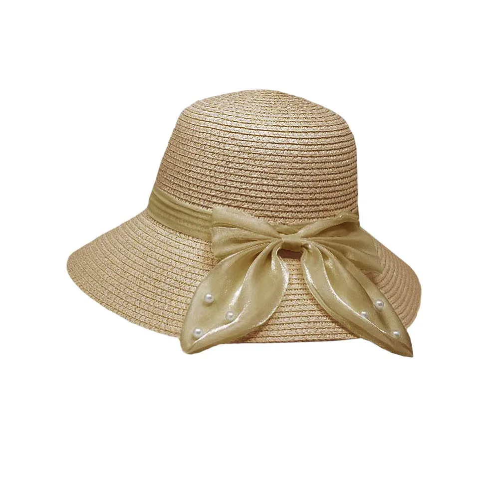 Pearl Pointed Bow Band Straw Sun Hat